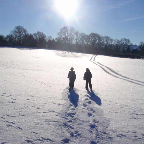 Walking in the wintery snow at Upper Heath Farm in South Shropshire